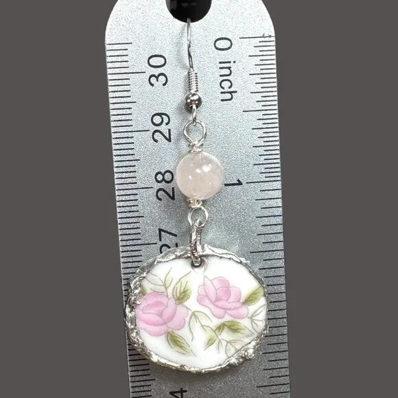 Broken China Floral Earrings W/ 925 Hooks & Silver Blend Bezel With Rose Quartz - Picture 2 of 14